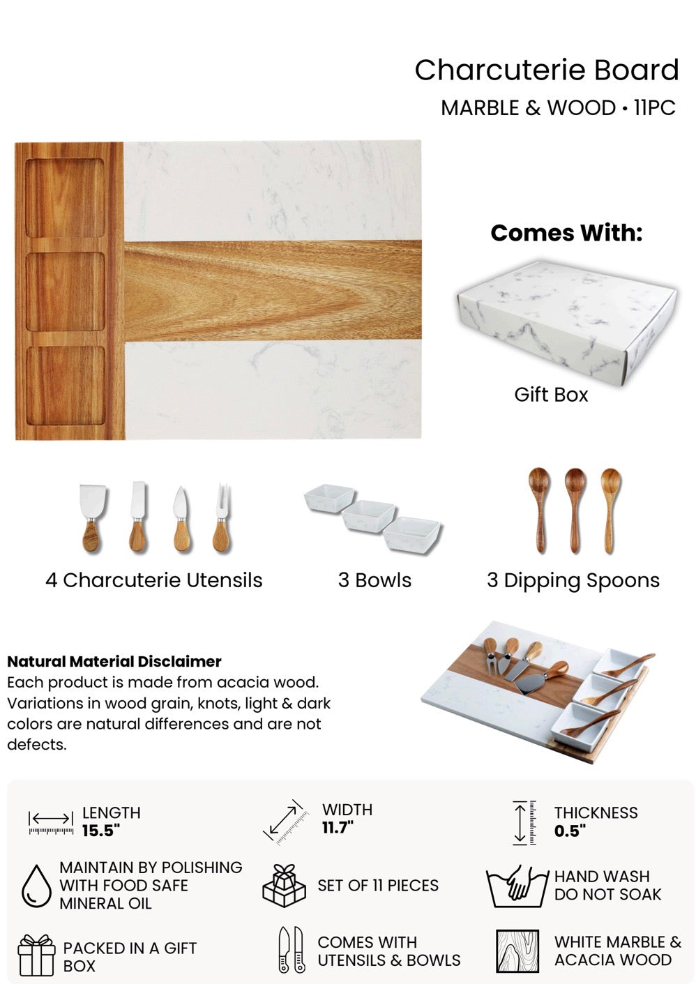 Marble Charcuterie Board - 11 Piece Set