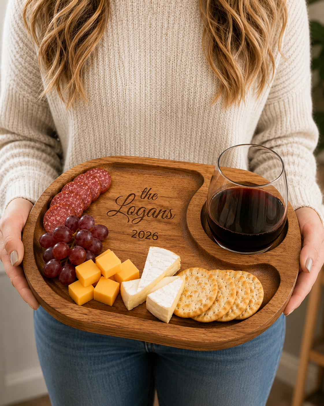 Personalized Acacia Wood Wine Glass Charcuterie Tray