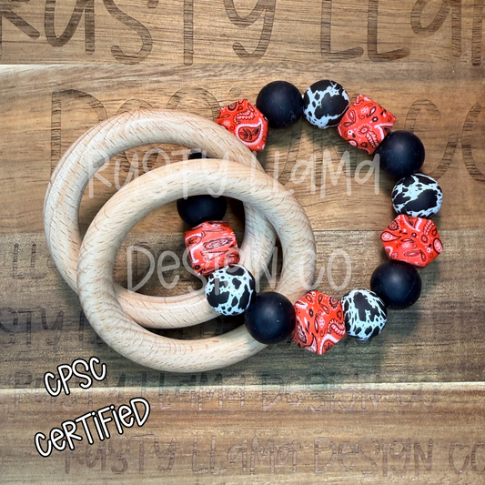 CPSC-Certified Silicone & Wood Baby Rattle – Western Bandana