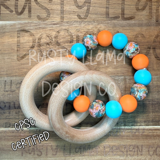 CPSC-Certified Silicone & Wood Baby Rattle – Boho Floral