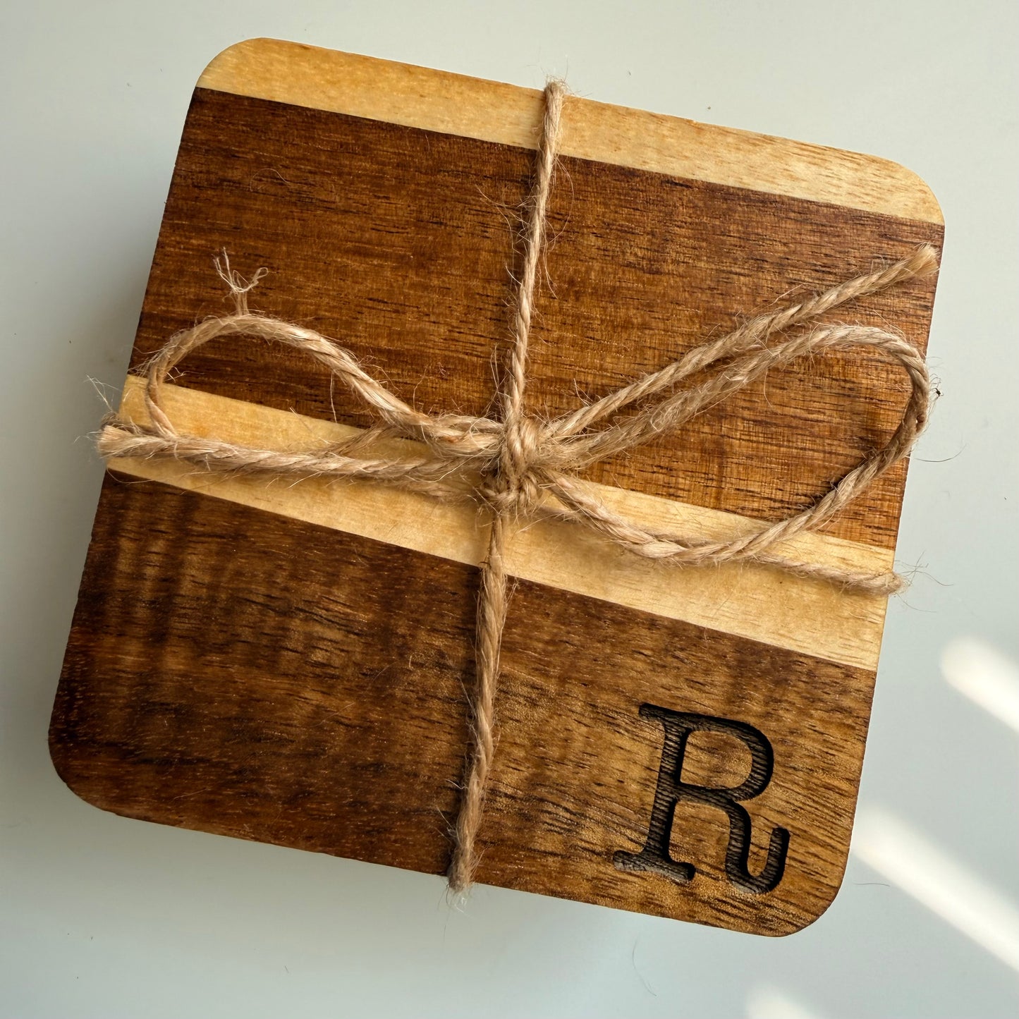 square wooden coaster set engraved with intial
