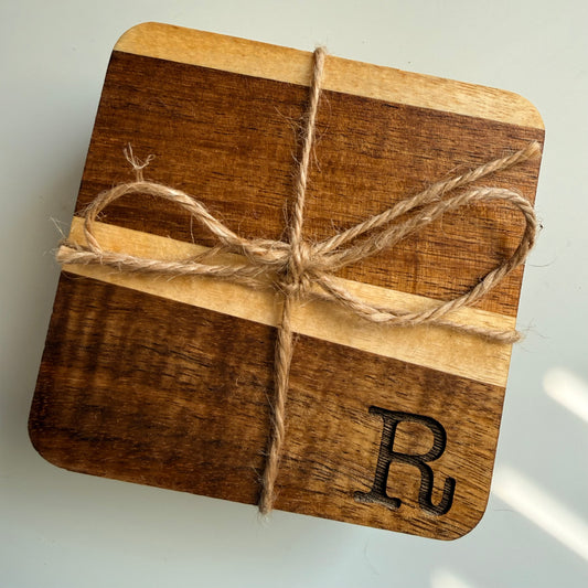 square wooden coaster set engraved with intial