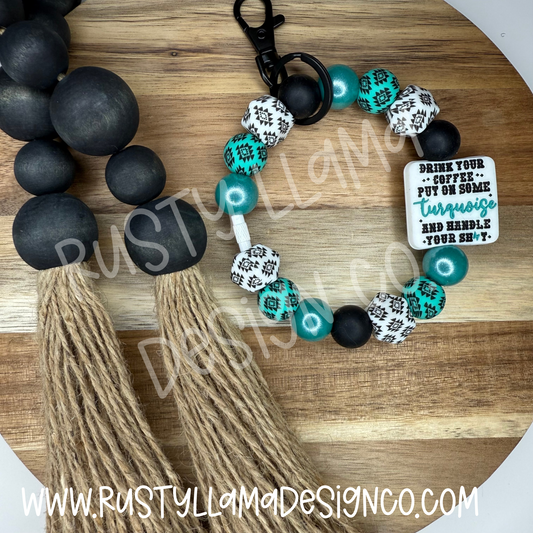 Coffee & Turquoise Keychain Wristlet